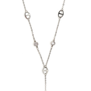 Nautical link and cubic zirconia lariat necklace with long or short central pendant silver or gold stainless steel woman gift