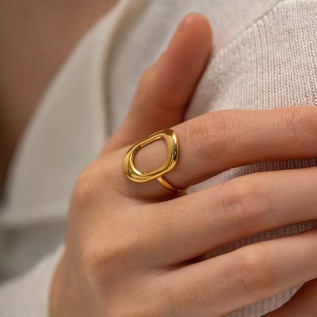 Silver or gold stainless steel hollow large oval adjustable ring woman gift