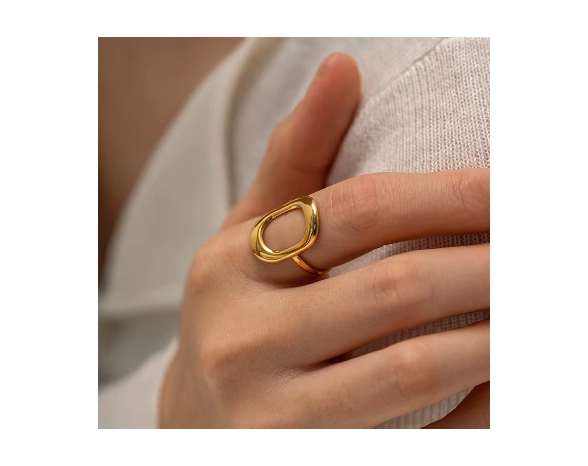 Silver or gold stainless steel hollow large oval adjustable ring woman gift