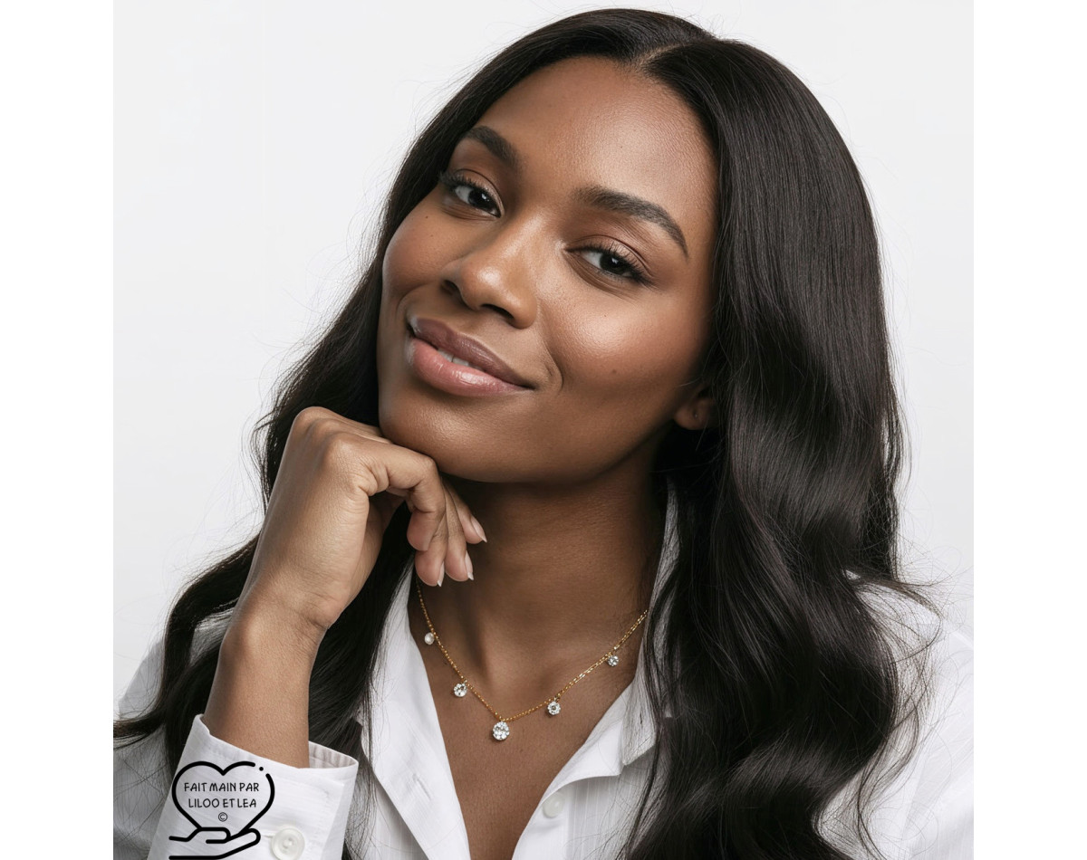 Cubic zirconia necklace on silver or gold stainless steel satellite chain, woman gift necklace