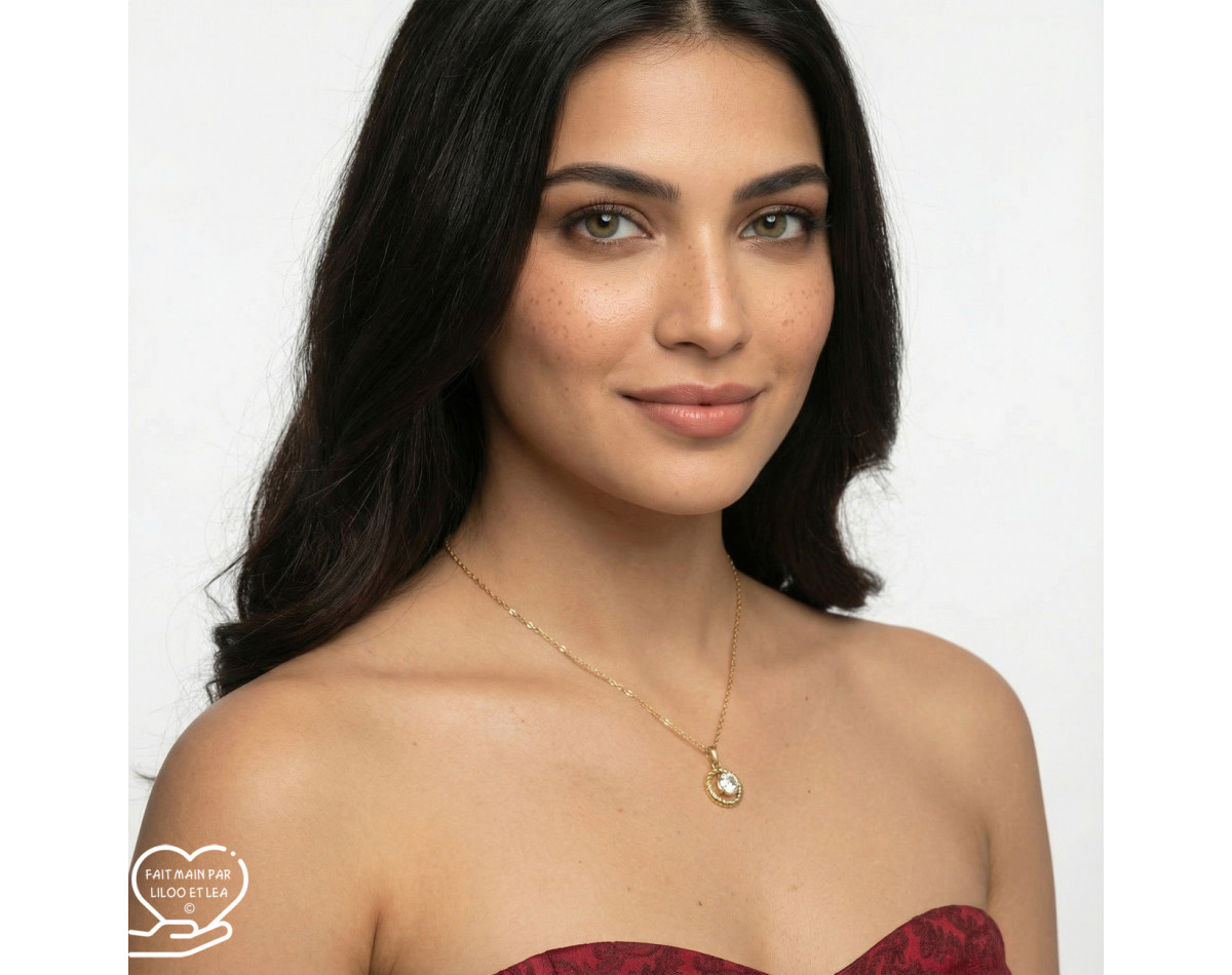 Twisted hollow circle and cubic zirconia pendant necklace on silver or gold stainless steel chain
