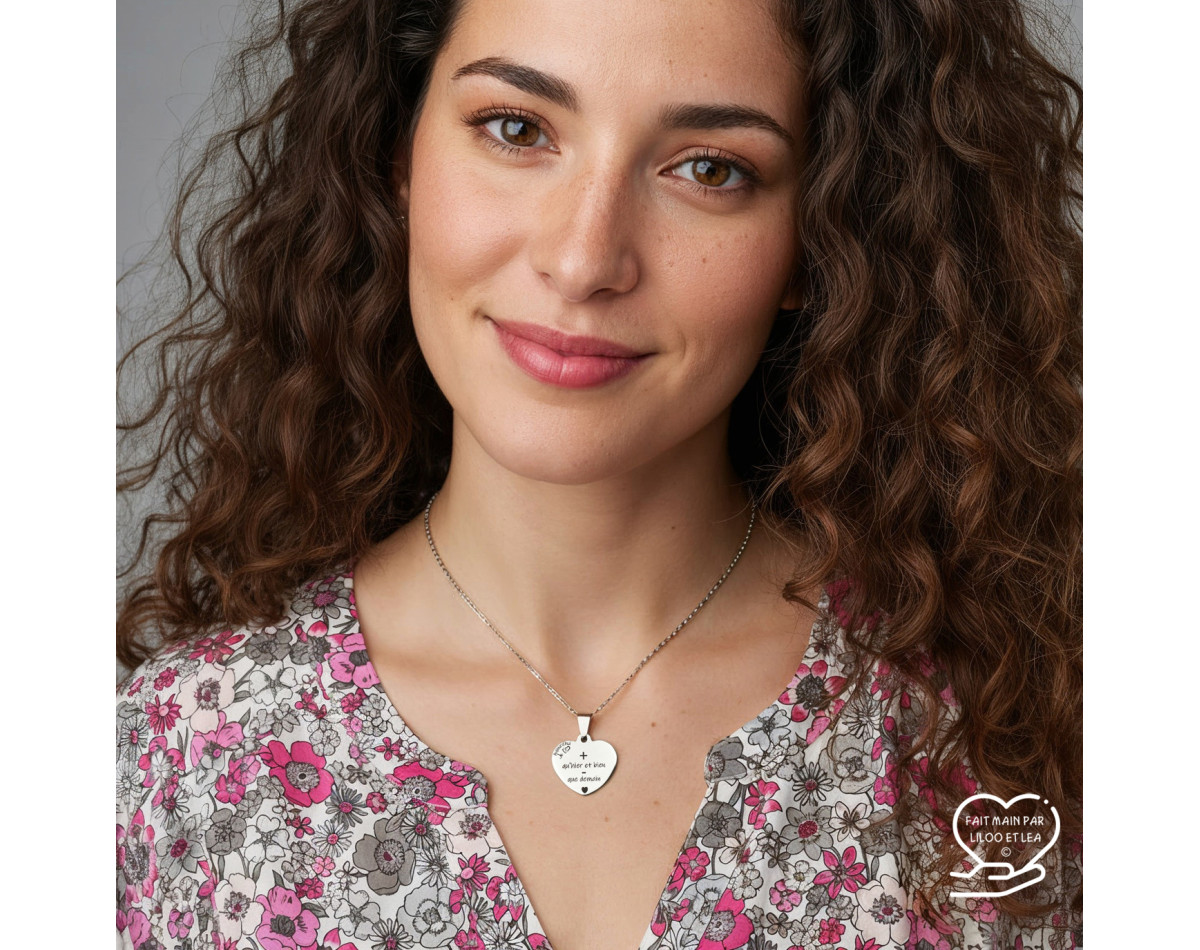 Collier cœur collection Message d’Amour + qu'hier - que demain 2 acier inoxydable argent or gravure laser