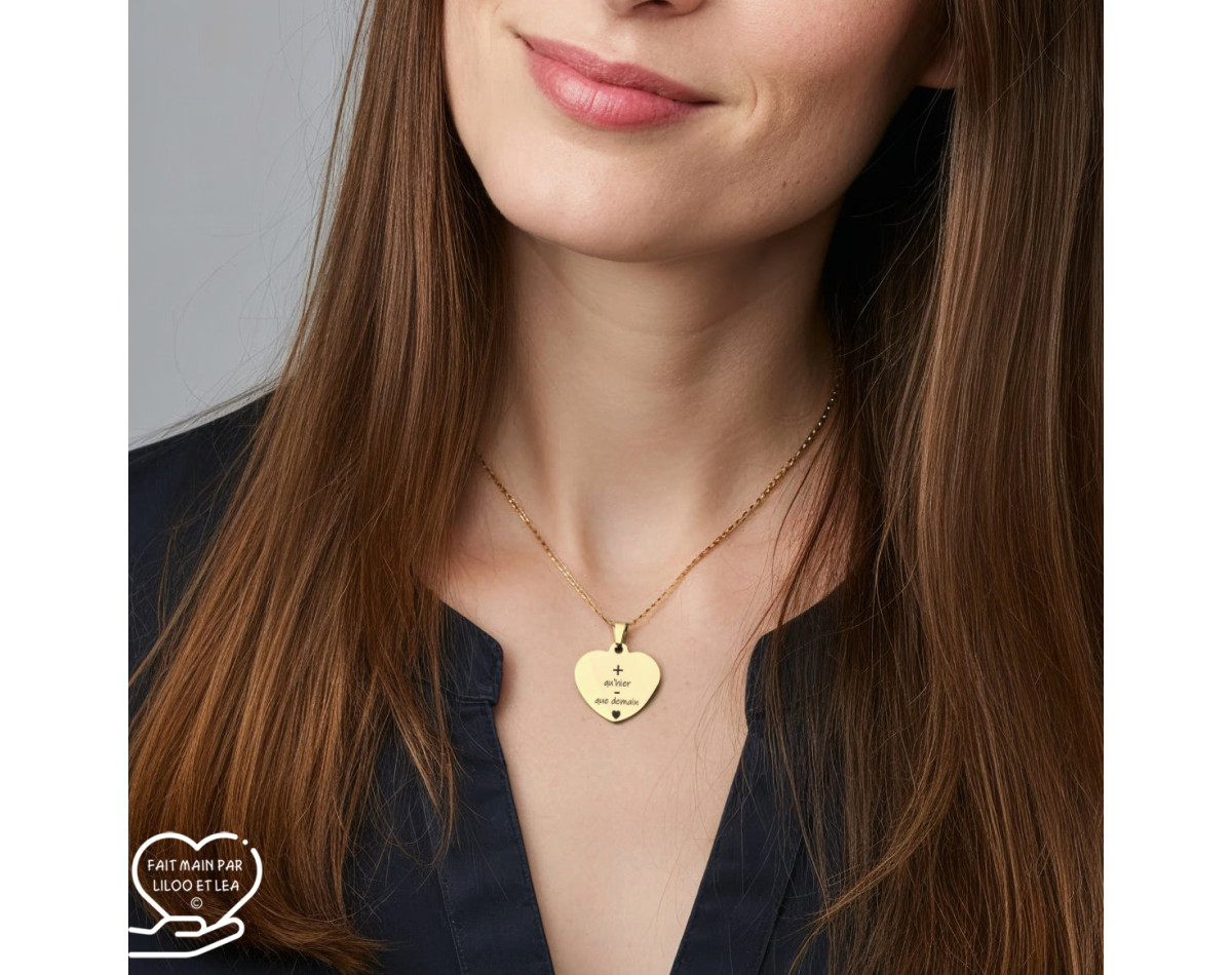 Message d’Amour + quhier - que demain 1 heart necklace silver or gold stainless steel laser engraving