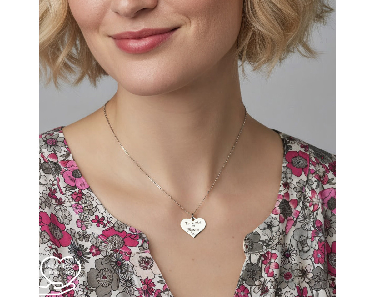 Collier cœur collection Message d’Amour 7-1 acier inoxydable argent or oxyde de zirconium gravure laser