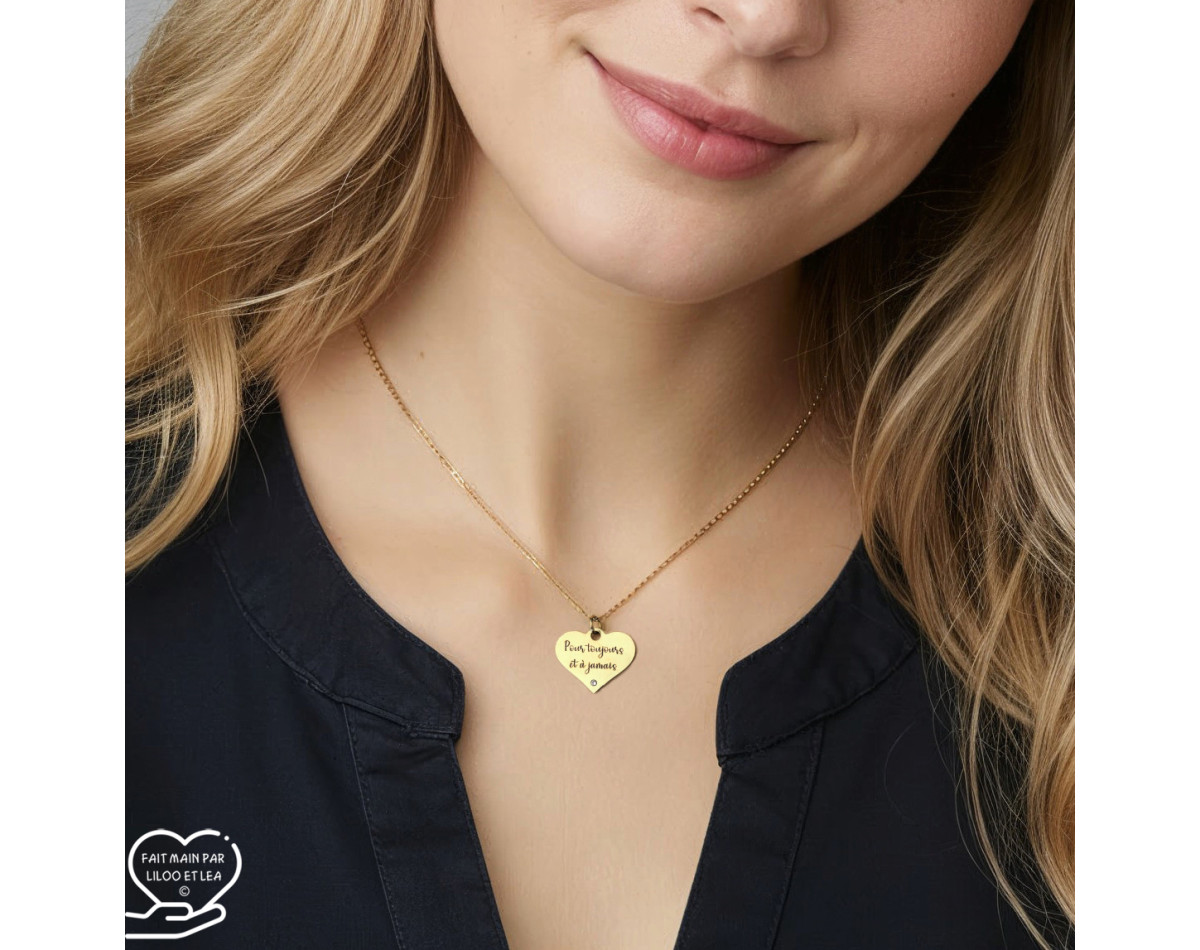 Collier cœur collection Message d’Amour 6 acier inoxydable argent or oxyde de zirconium gravure laser