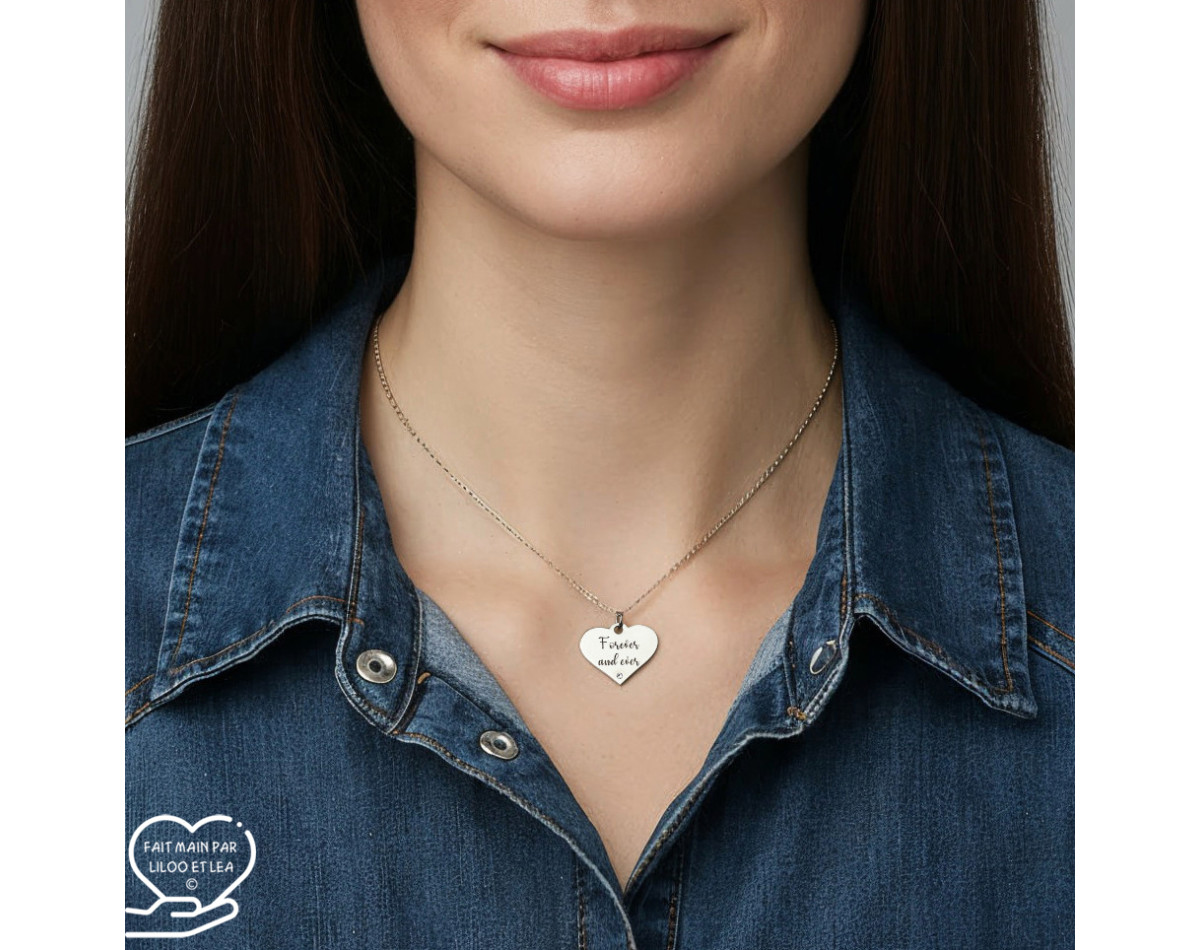 Message d’Amour 6-1 heart necklace silver or gold stainless steel cubic zirconia laser engraving