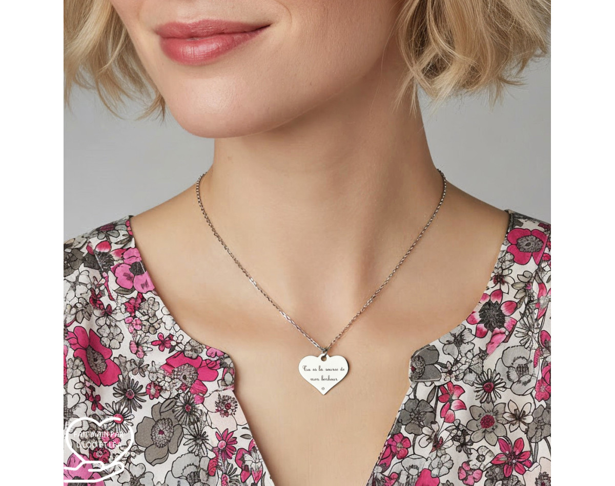 Message d’Amour 5 heart necklace silver or gold stainless steel cubic zirconia laser engraving