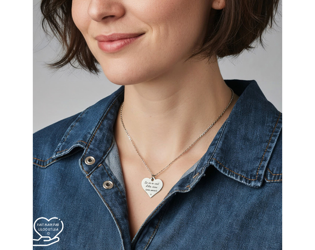 Message d’Amour 3 heart necklace silver or gold stainless steel cubic zirconia laser engraving