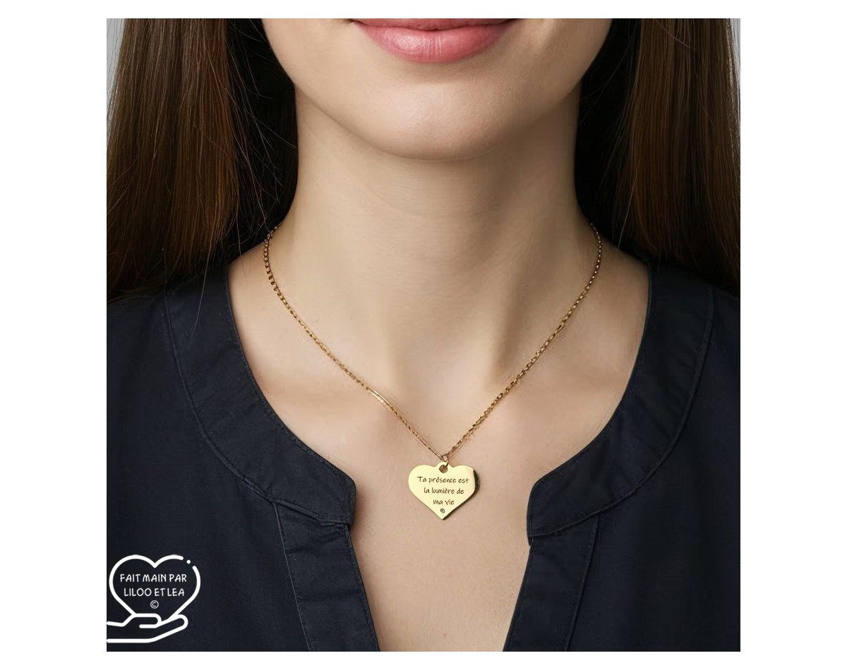 Collier cœur collection Message d’Amour 2 acier inoxydable argent or oxyde de zirconium gravure laser