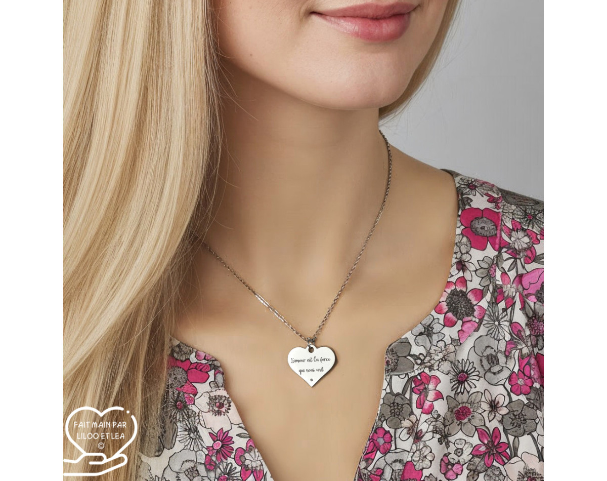 Message d’Amour 1 heart necklace silver or gold stainless steel cubic zirconia laser engraving