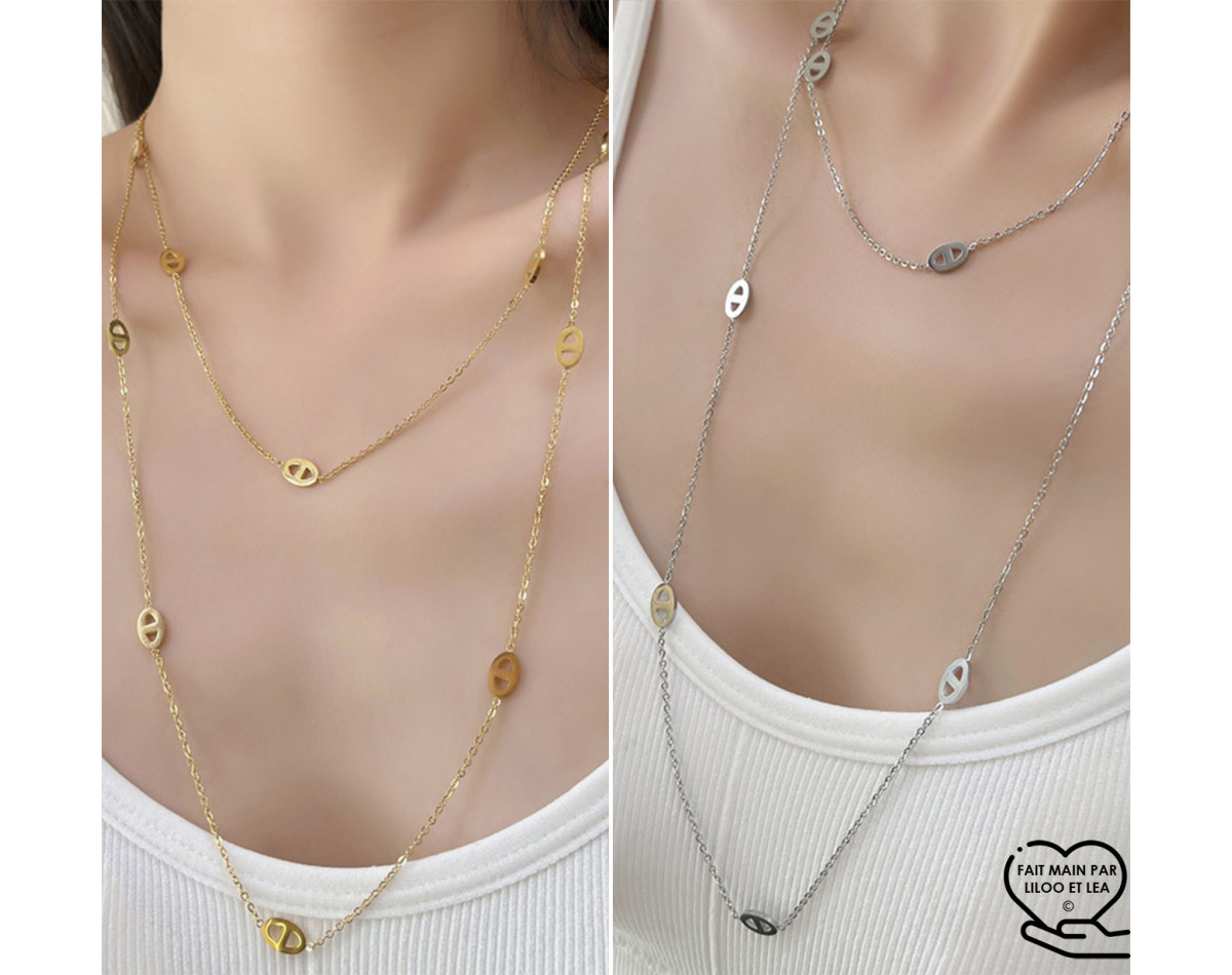 Collier mi-long ou sautoir maille marine acier inoxydable argent or cadeau femme