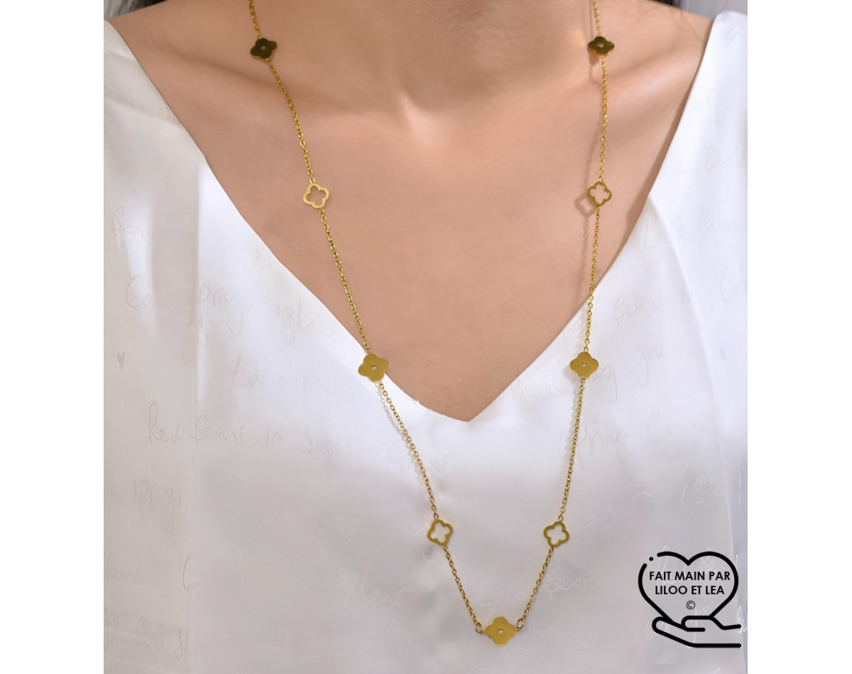 Collier mi-long trèfles creux et pleins acier inoxydable or cadeau femme