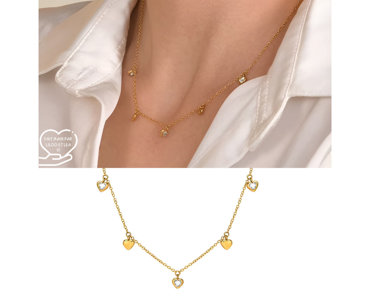 Cubic zirconia heart charm necklace in gold stainless steel