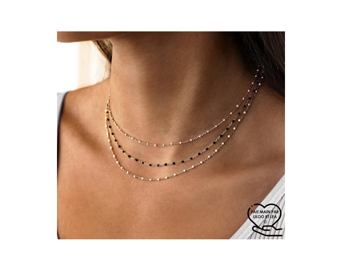One, two or three layers stainless steel enamel chain necklace gold, silver, rosary chain, beaded chain, red, black, white