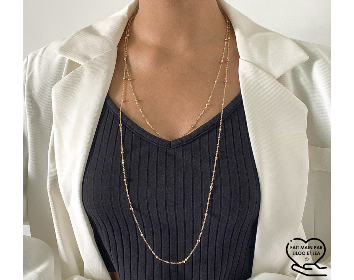 Collier sautoir double rang chaîne satellite en acier inoxydable or, argent, collier cadeau femme, collier multi rangs