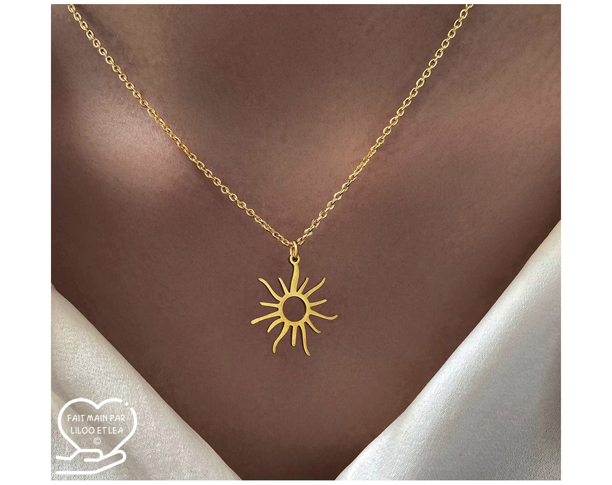 Collier pendentif soleil sur chaîne en acier inoxydable or, argent, collier cadeau femme