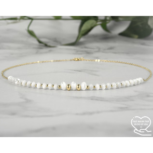 Collier nacre blanche naturelle et or gold filled ou argent 925, perles boulier, collier cadeau femme