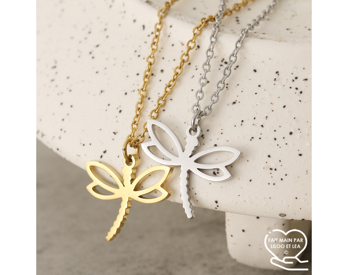 Dragonfly pendant necklace 2, silver or gold stainless steel, woman jewelry, girl jewelry, child jewelry