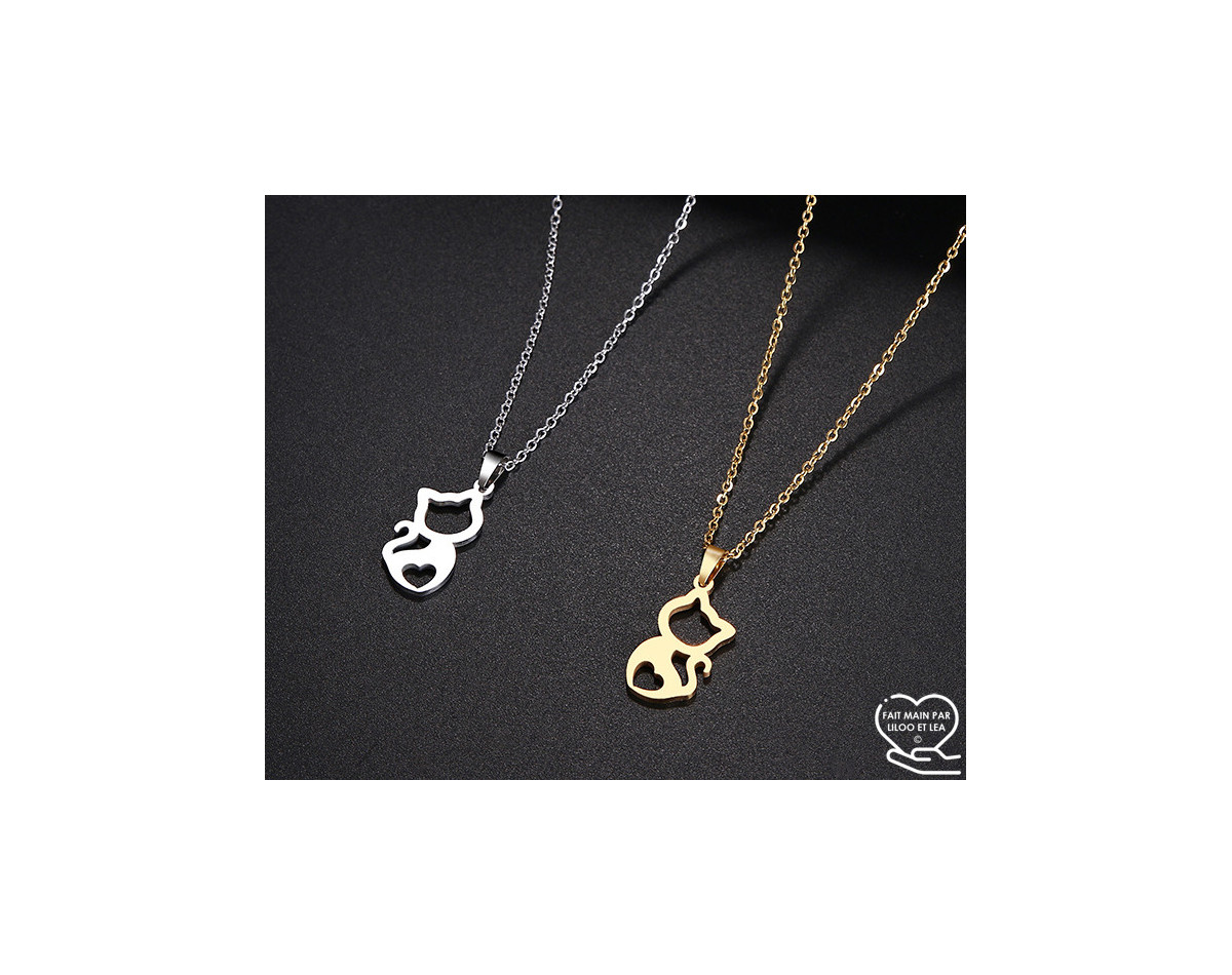 Hollow cat with heart pendant necklace, silver or gold stainless steel, woman jewelry, girl jewelry, child jewelry