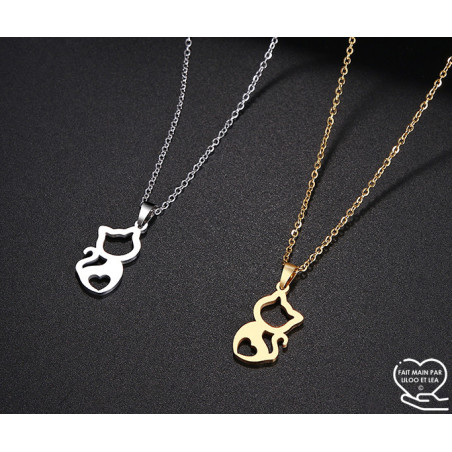 Hollow cat with heart pendant necklace, silver or gold stainless steel, woman jewelry, girl jewelry, child jewelry