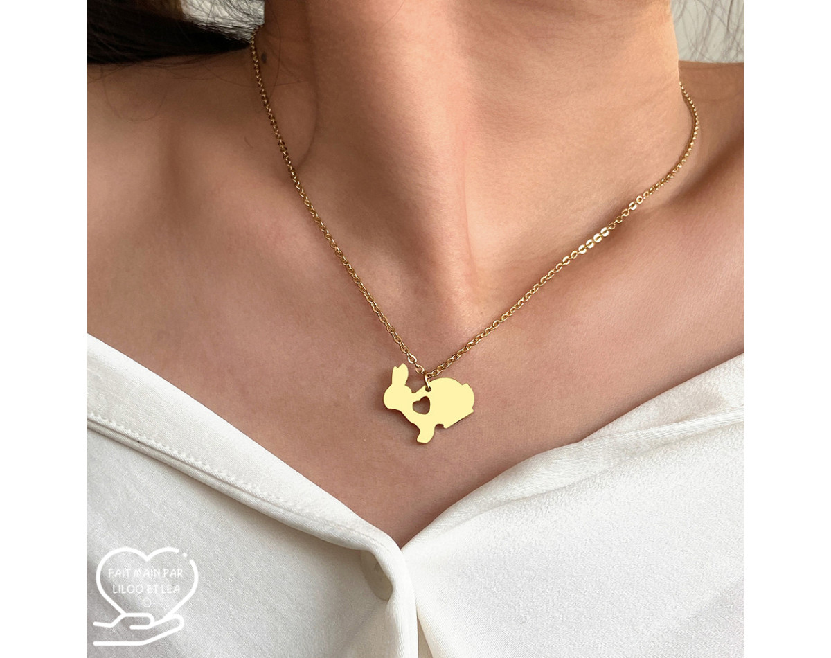 Bunny with heart pendant necklace, silver or gold stainless steel, woman jewelry, girl jewelry, child jewelry