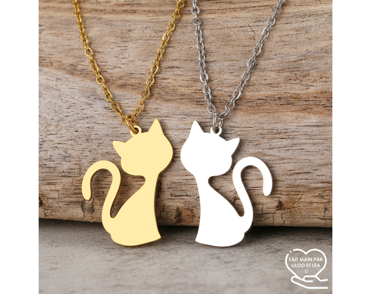 Collier pendentif chat, acier inoxydable argent ou or, bijou femme, bijou fillette, bijou enfant