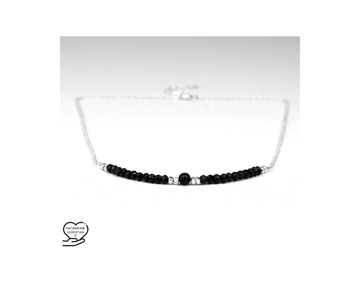 Black spinel natural faceted stones and Karen Hill Tribe beads necklace, sterling silver 925, 14K gold filled