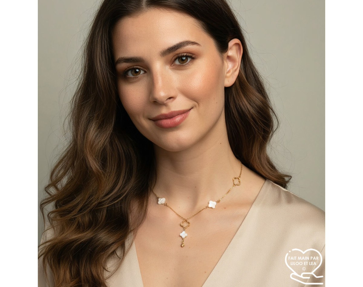 Mother-of-pearl and hollow clover lariat necklace with short central pendant silver or gold stainless steel woman gift