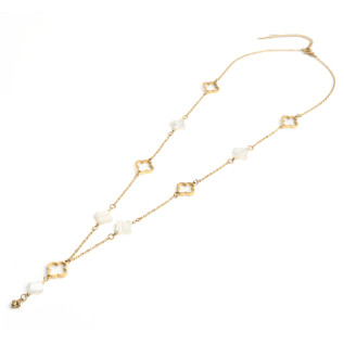 Collier ou sautoir lariat trèfles en nacre et creux pendant central court acier inoxydable argent or cadeau