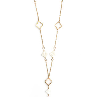 Mother-of-pearl and hollow clover lariat necklace with short central pendant silver or gold stainless steel woman gift