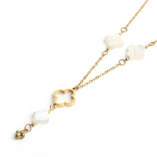 Collier ou sautoir lariat trèfles en nacre et creux pendant central court acier inoxydable argent or cadeau