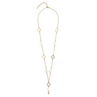 Collier ou sautoir lariat trèfles en nacre et creux pendant central court acier inoxydable argent or cadeau