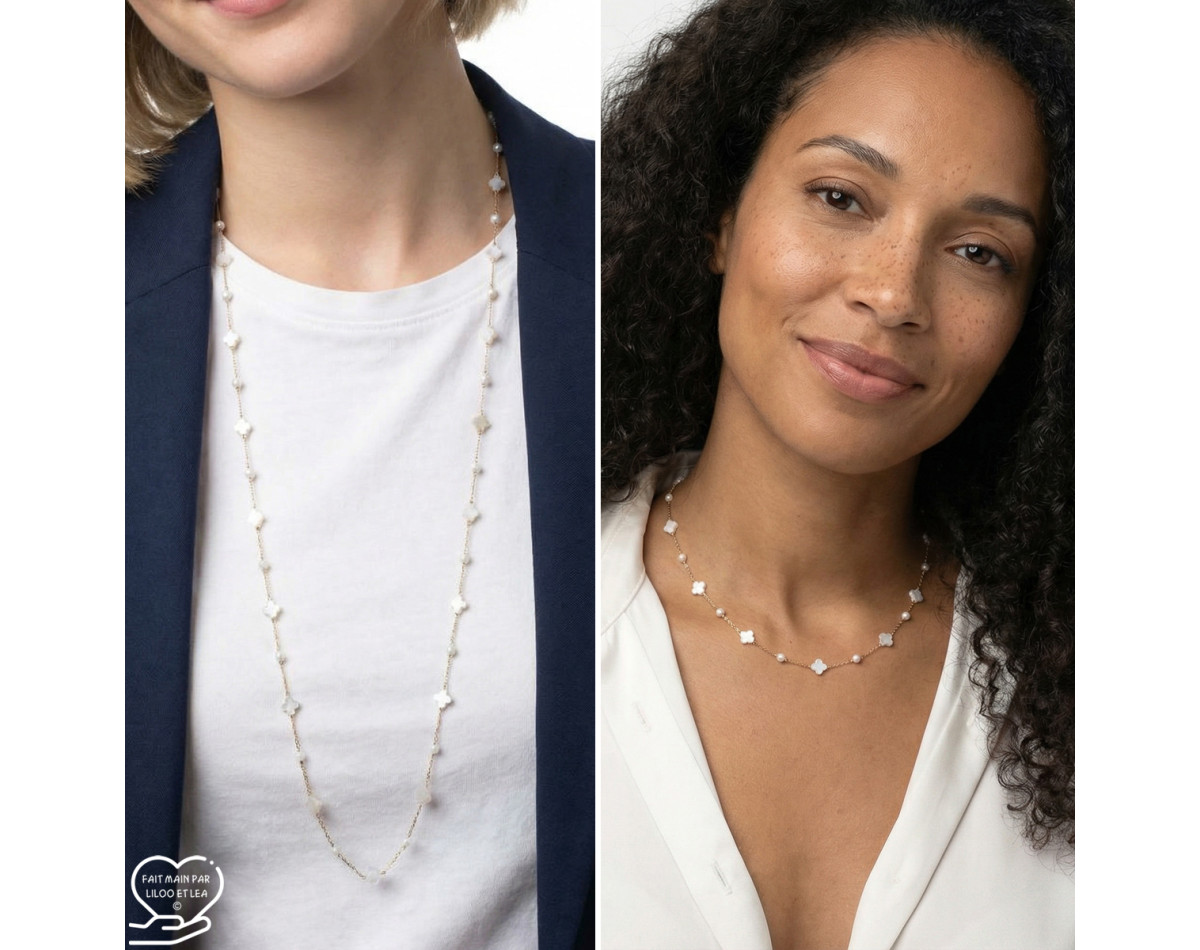 Natural white mother of pearl clover and bead short or long necklace on gold stainless steel chain woman necklace gift