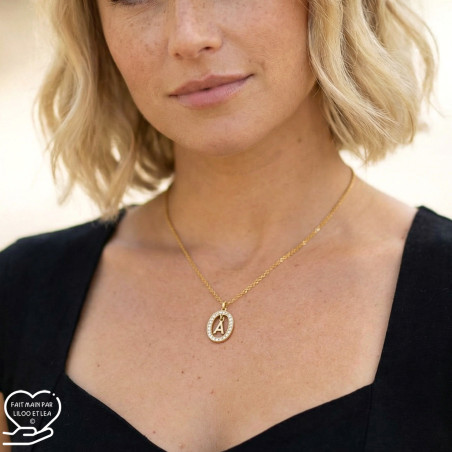 Personalized oval pendant and monogram necklace, stainless steel silver or gold, crystals, cable chain, woman personalized gift