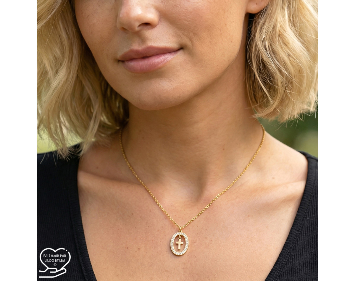 Oval pendant and cross necklace, stainless steel silver or gold, crystals, cable chain, woman gift