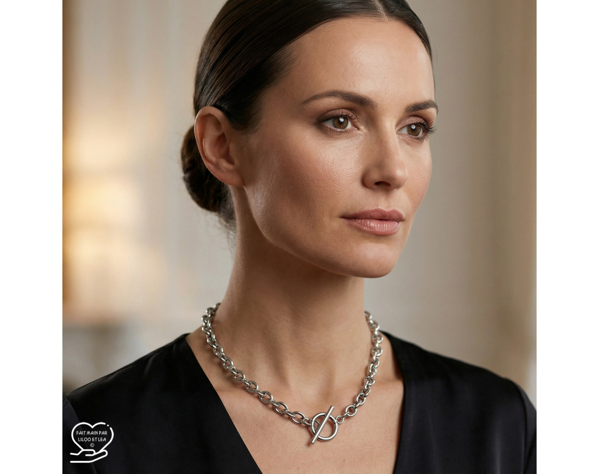 Collier grosse maille acier inoxydable argent ou or, fermoir T