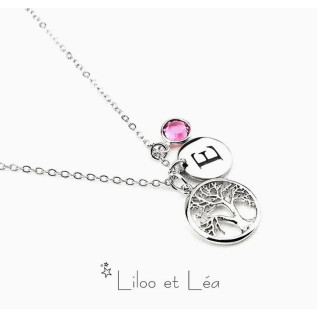 Collier pendentif arbre de vie médaille initiale prénom et pierre de naissance acier inoxydable or cadeau personnalisé