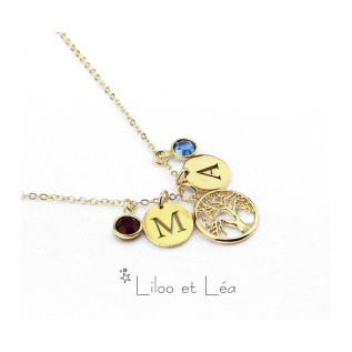 Tree of life letter coin(s) and birthstone(s) pendant necklace silver gold plated stainless steel personnalized gift