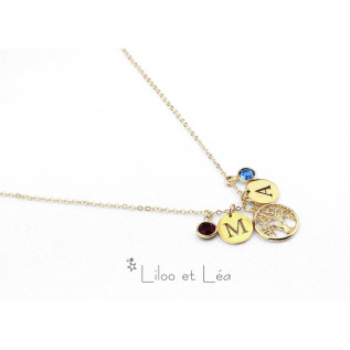 Collier pendentif arbre de vie médaille initiale prénom et pierre de naissance acier inoxydable or cadeau personnalisé