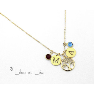 Tree of life letter coin(s) and birthstone(s) pendant necklace silver gold plated stainless steel personnalized gift