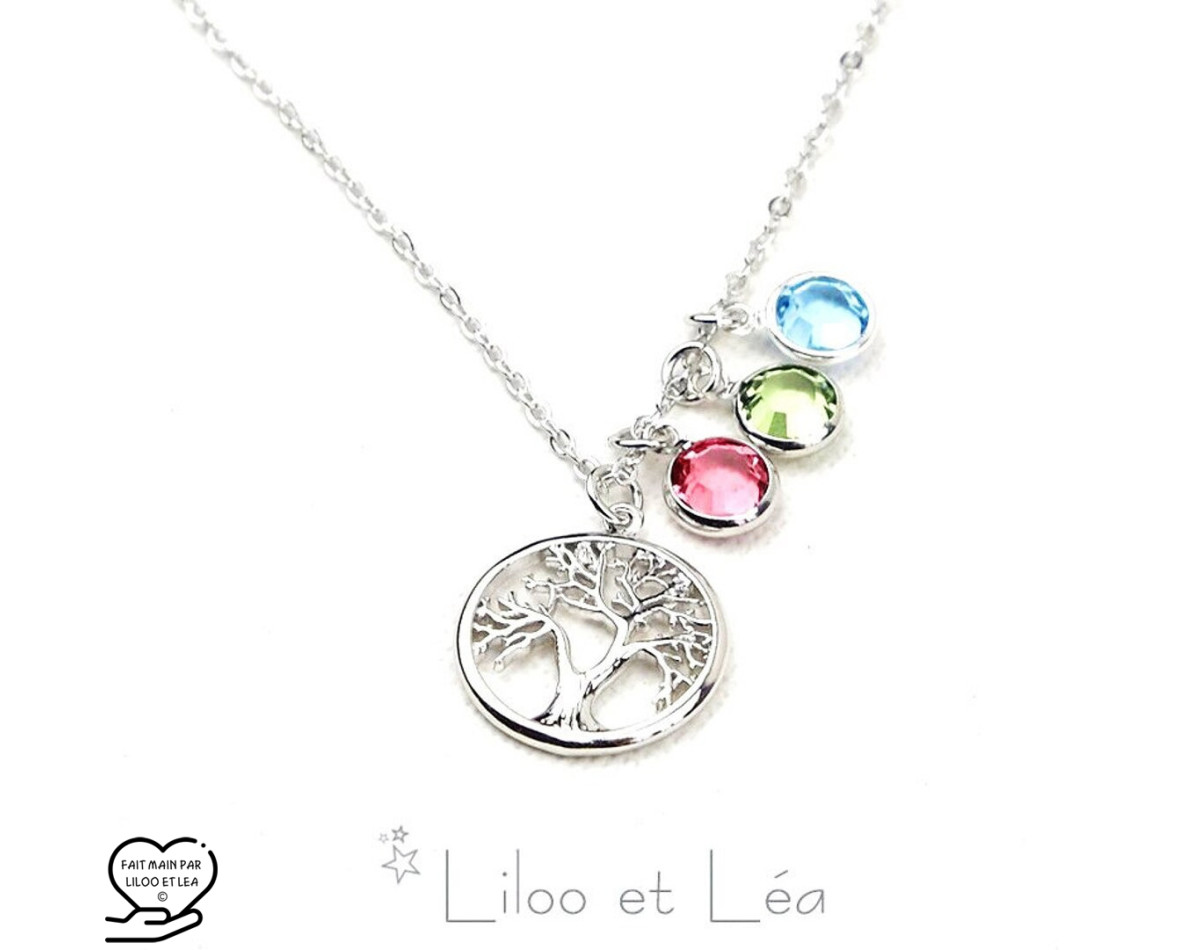 Tree of life and birthstones necklace silver gold stainless steel personnalized gift