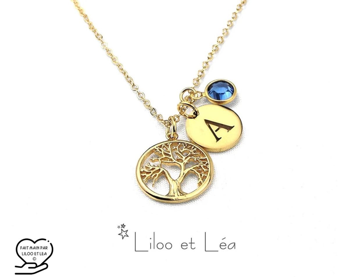 Tree of life letter coin(s) and birthstone(s) pendant necklace silver gold plated stainless steel personnalized gift
