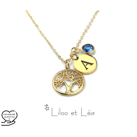 Tree of life letter coin(s) and birthstone(s) pendant necklace silver gold plated stainless steel personnalized gift