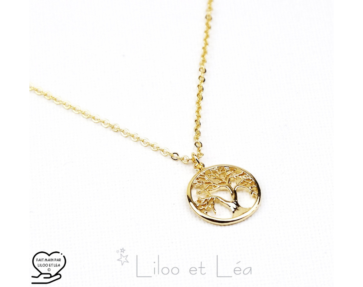 Collier pendentif ARBRE DE VIE, acier inoxydable plaqué or