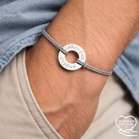 Donut-shaped name bracelet in silver and gold stainless steel with a polyester cord and laser engraving man woman gift