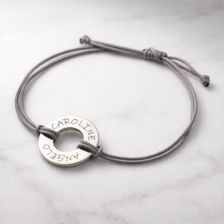 Donut-shaped name bracelet in silver and gold stainless steel with a polyester cord and laser engraving man woman gift