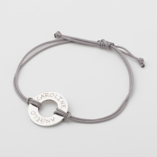 Donut-shaped name bracelet in silver and gold stainless steel with a polyester cord and laser engraving man woman gift