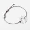 Donut-shaped name bracelet in silver and gold stainless steel with a polyester cord and laser engraving man woman gift
