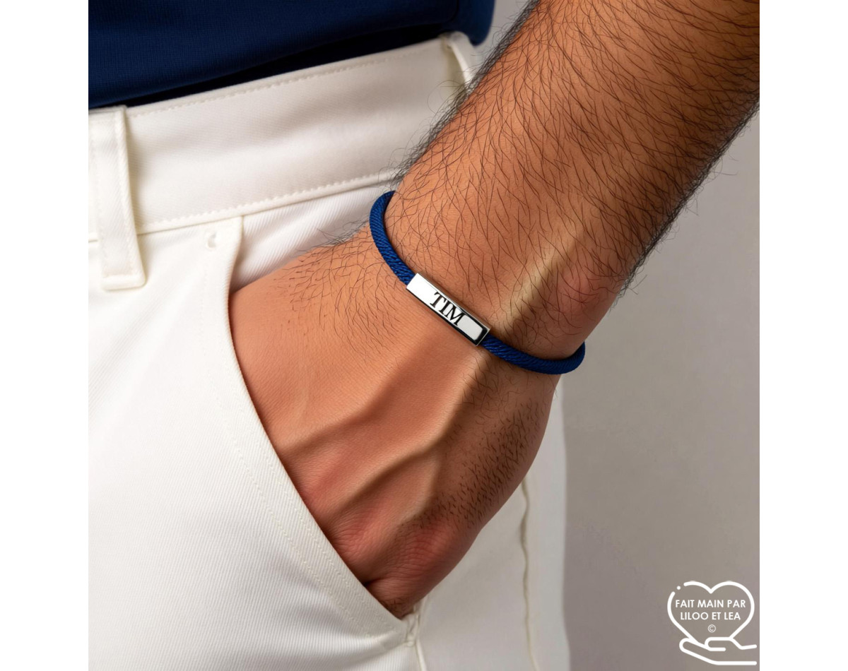 Bar name bracelet silver or gold stainless steel with Milan cord and laser engraving gift for men and women