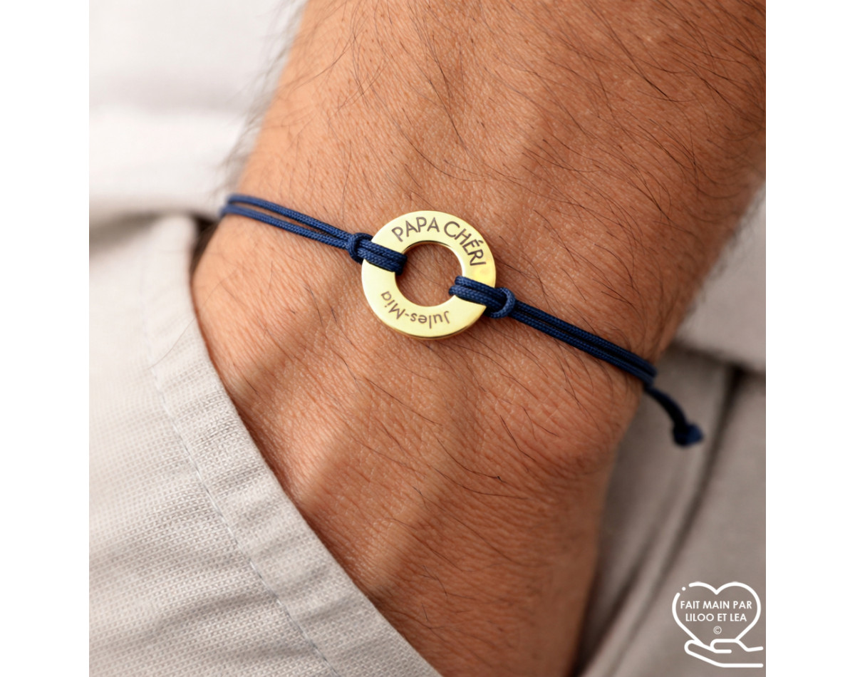 Donut-shaped "Papa chéri" bracelet in silver and gold stainless steel with a polyester cord and laser engraving man woman gift